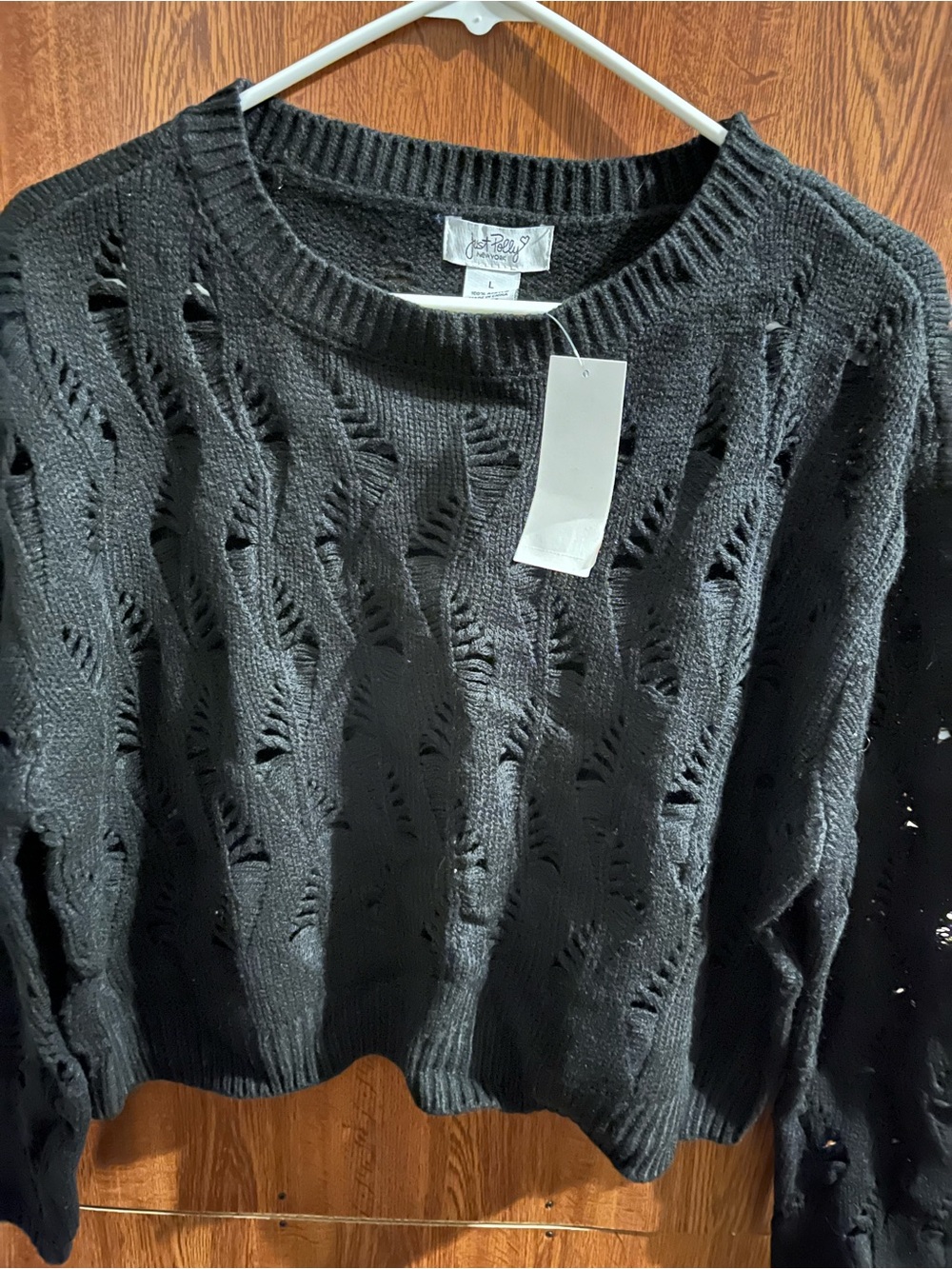 Just Polly Black cropped Open-Knit Crewneck Sweater